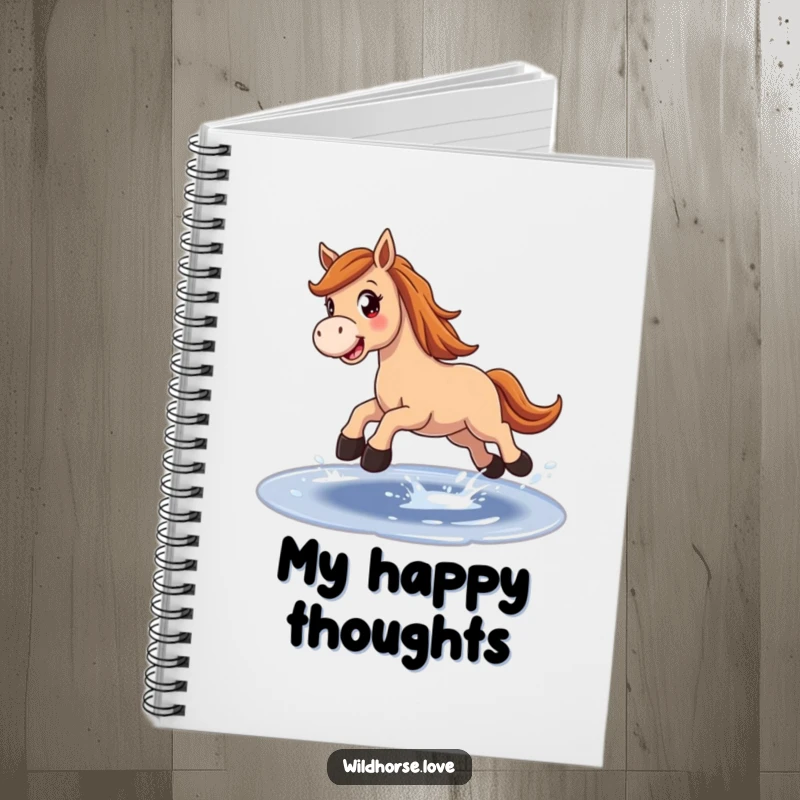 Funny Notebook: A joyful horse with wide eyes leaps over a sparkling puddle, perfect for journaling equestrian adventures and happy thoughts.