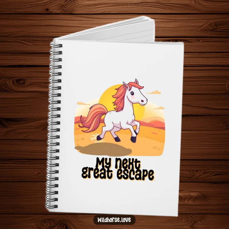 Funny Horse Sunset Notebook with a horse and its long tail running into a vibrant sunset, perfect for notes.