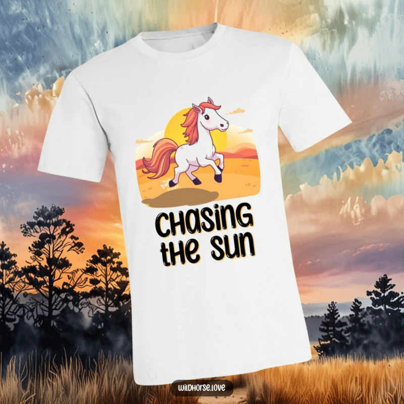 Funny Horse Sunset T-Shirt with a majestic horse, long tail flowing, sprinting towards a vividly colored sunset.
