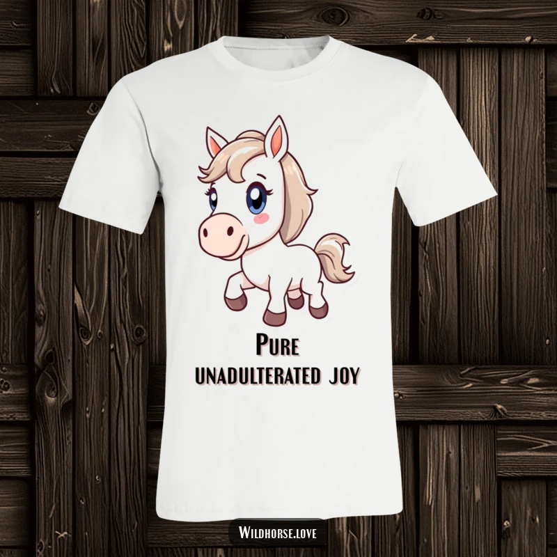 Funny t-shirt with a stylized horse bucking with wide, energetic eyes, embodying pure delight and spirited freedom.