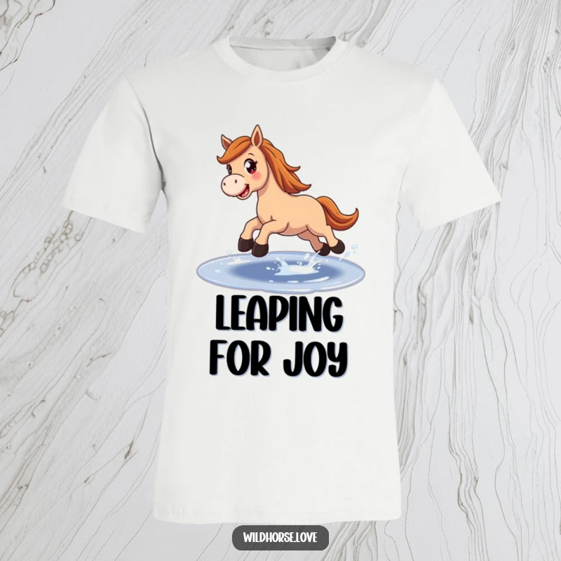 Funny T-Shirt: A happy horse with wide eyes jumps over a shimmering puddle, showcasing a moment of pure equestrian delight.