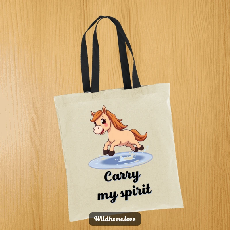 Funny Tote Bag: A happy horse with wide eyes joyfully leaps over a sparkling puddle, symbolizing carefree fun.