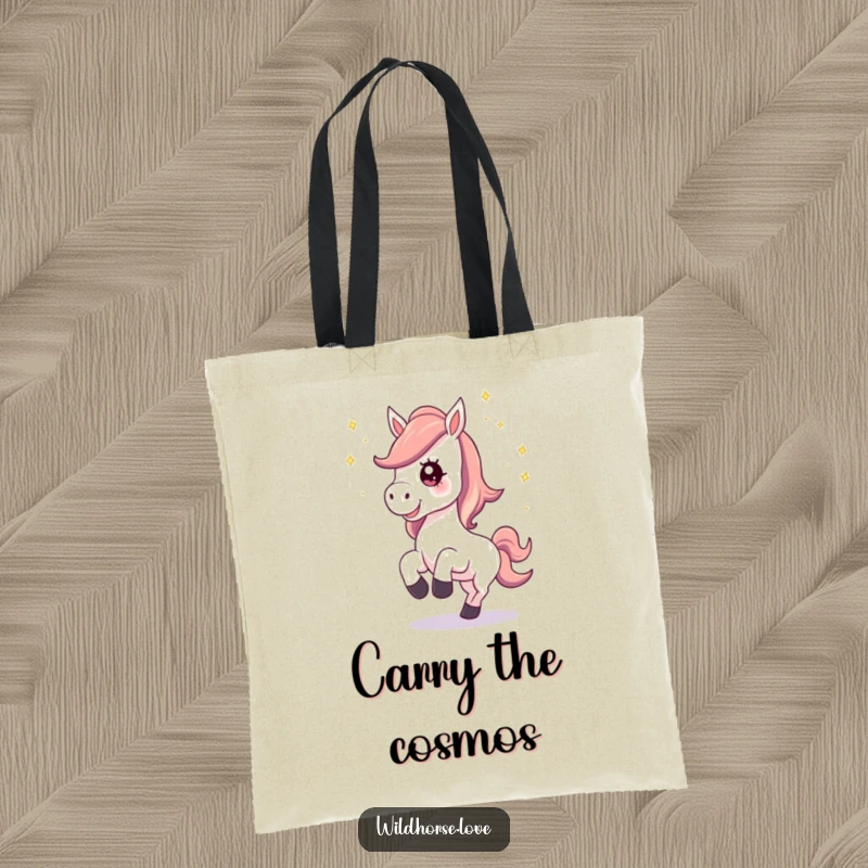Funny Tote Bag: A horse with a happy neigh kicks up a trail of shimmering stardust, symbolizing magic and joy.