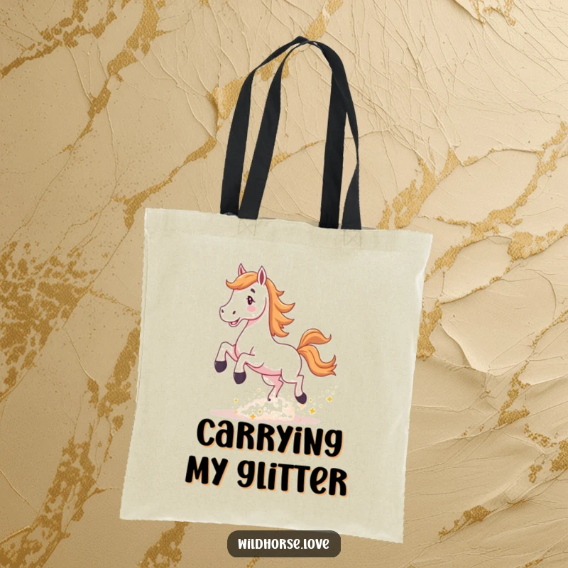 Funny Horse Tote Bag: A horse joyfully kicks up a cloud of sparkling dust, perfect for carrying everyday items with magical flair.