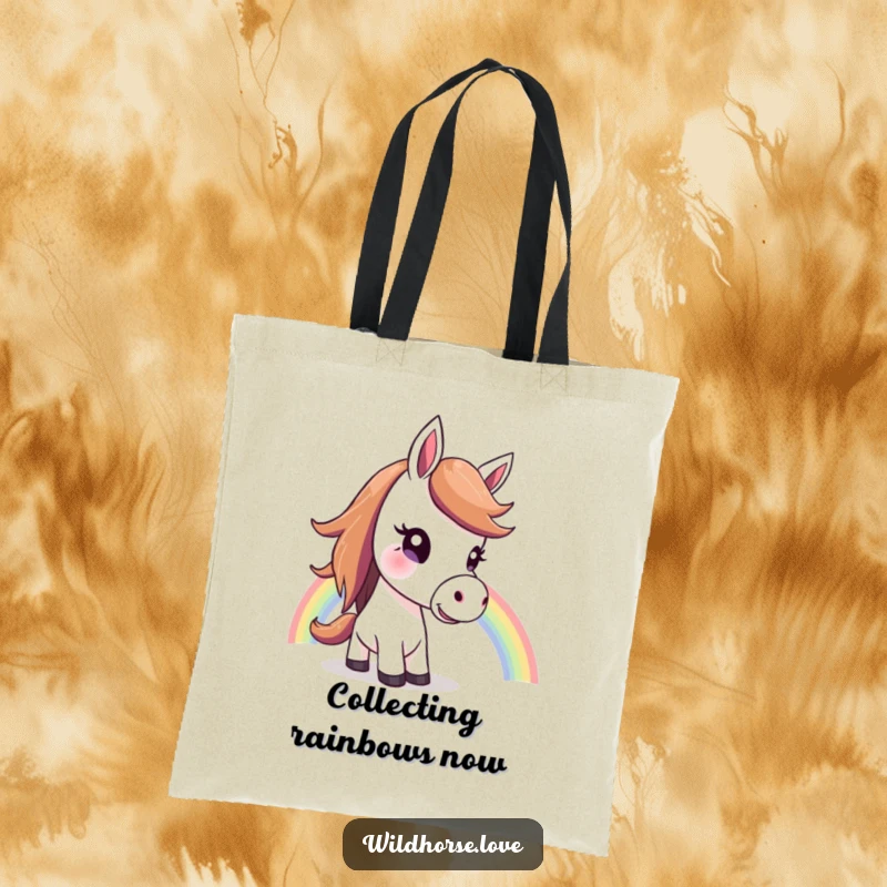 Funny Horse Tote Bag: A horse tilts its head curiously, looking at a beautiful rainbow, perfect for everyday use.