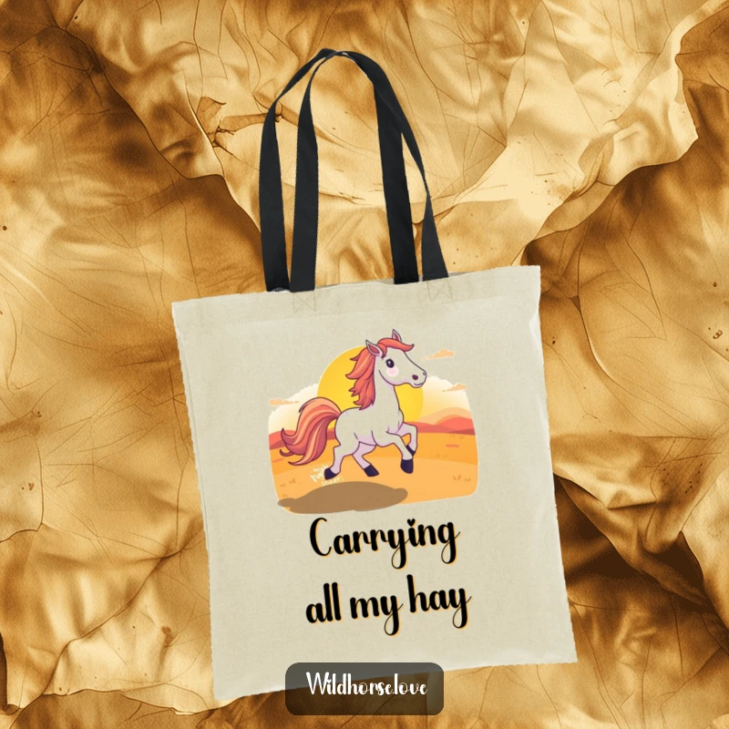 Funny Horse Sunset Tote Bag showcasing a horse with a flowing tail running towards a stunning, vibrant sunset landscape.